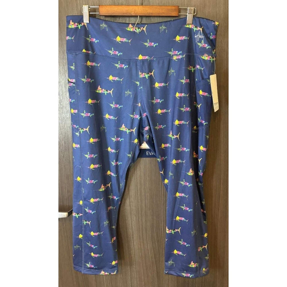 Guy Harvey Capri Leggings Women's 2XL Blue Floral Fish Pockets Elastic Waist NEW